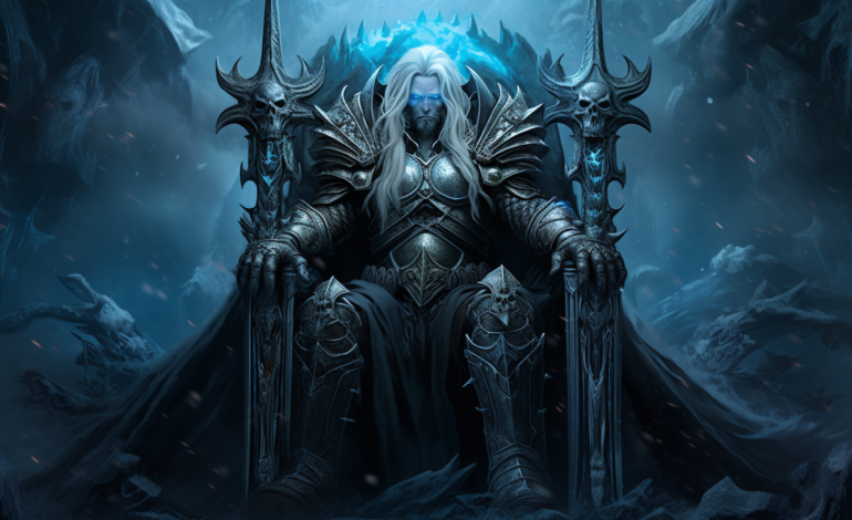 Arthas as the Lich King sitting on the frozen throne