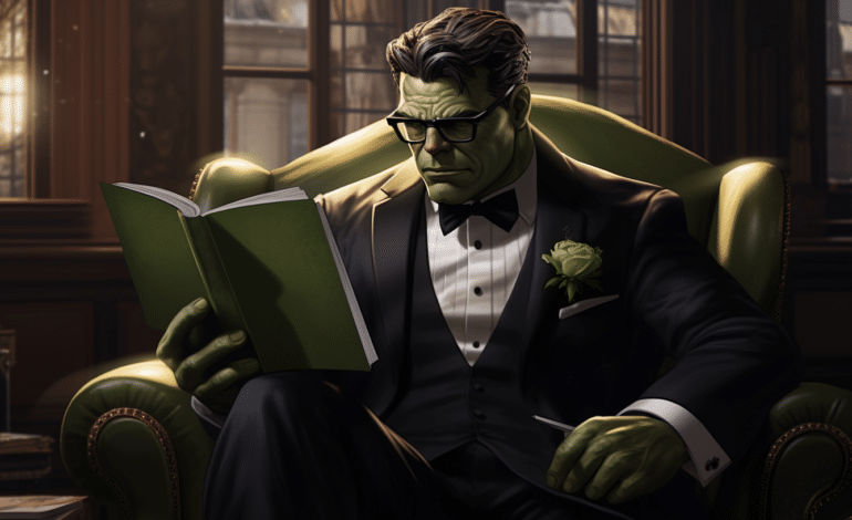 Hulk in a tuxedo reading the best comic book quotes