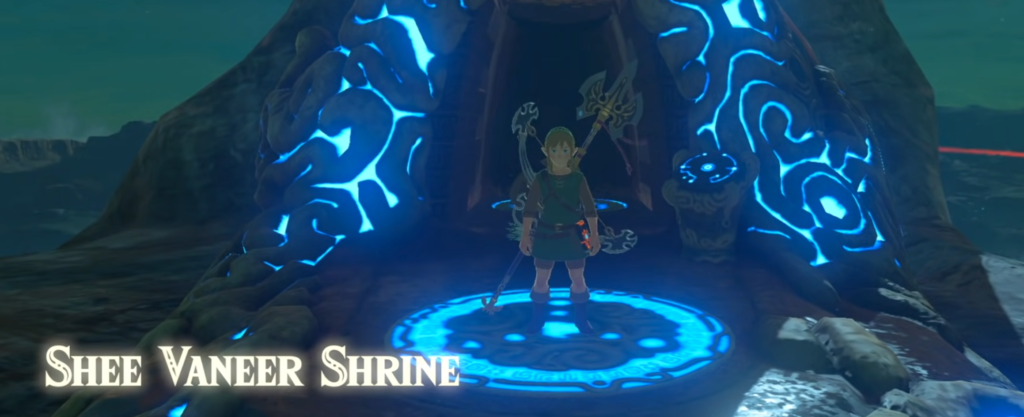 Link teleporting to Shee Vaneer Shrine to farm Star Fragments in BotW