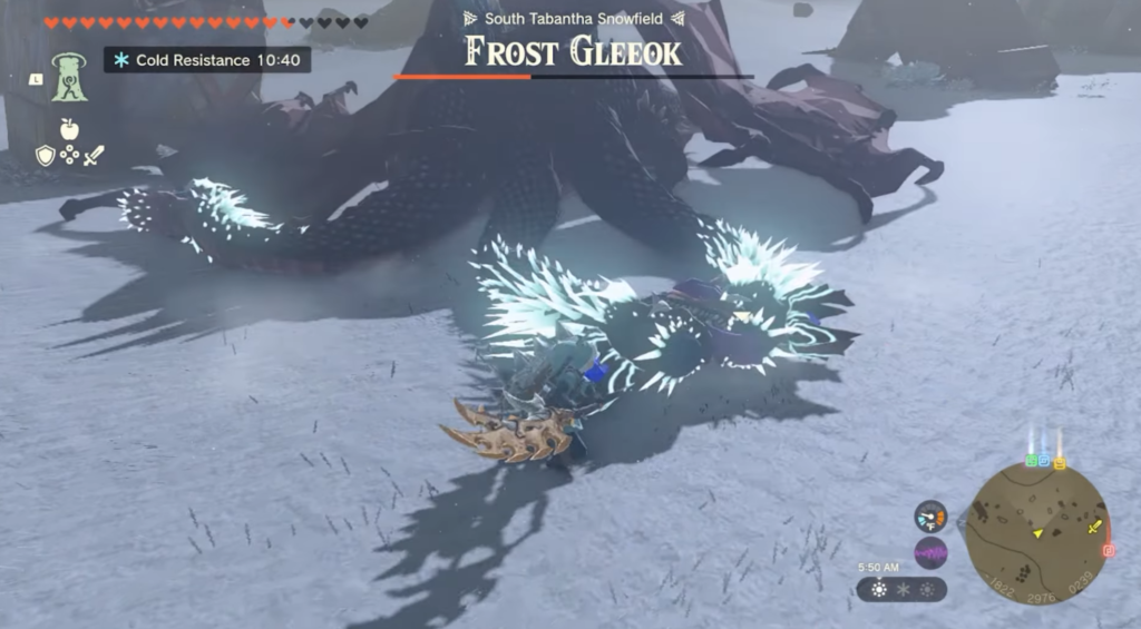 Link hitting the Frost Gleeok on the head with melee attacks