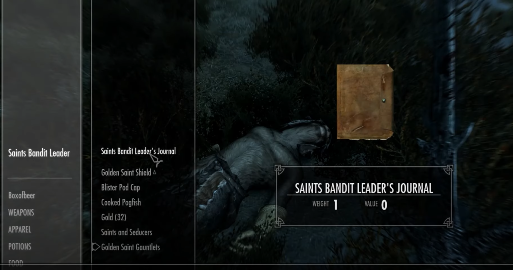 Skyrim madness ore quest- Saints bandit leader's journal-