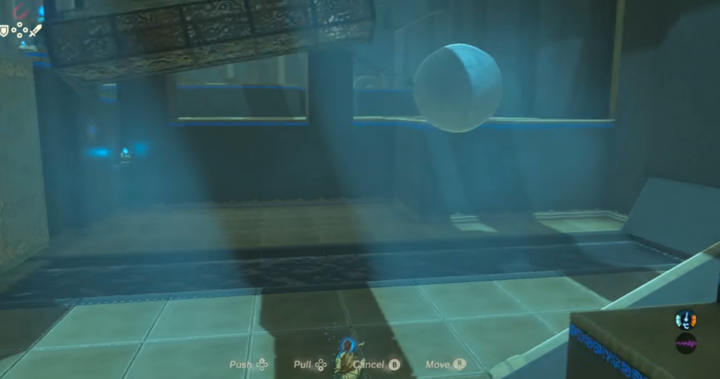 Link using Magnesis to pull the ball back so it can break the door Trial of Power Challenge